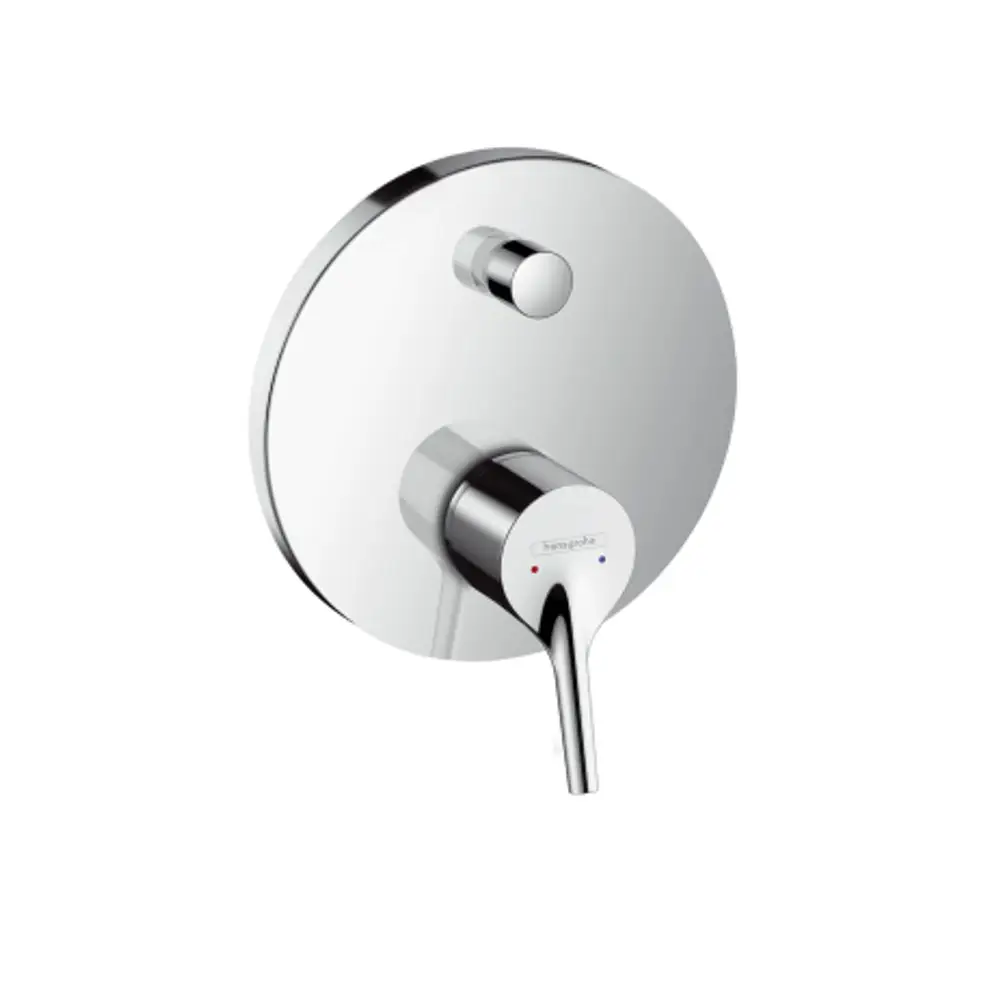 Chromatischer Wandmischer von Hansgrohe mit einem Drehgriff zur Temperatur- und Wassermengenregulierung, montiert auf einer runden Unterputzplatte.